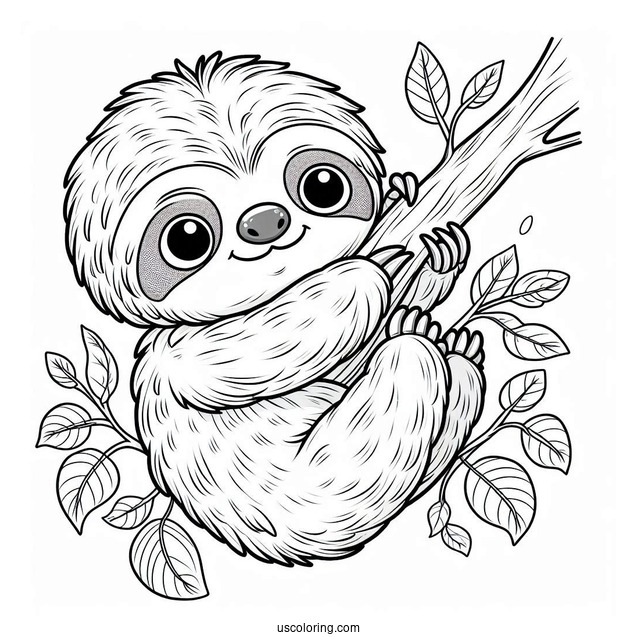 Baby Sloth Hanging From Tree Coloring Sheet