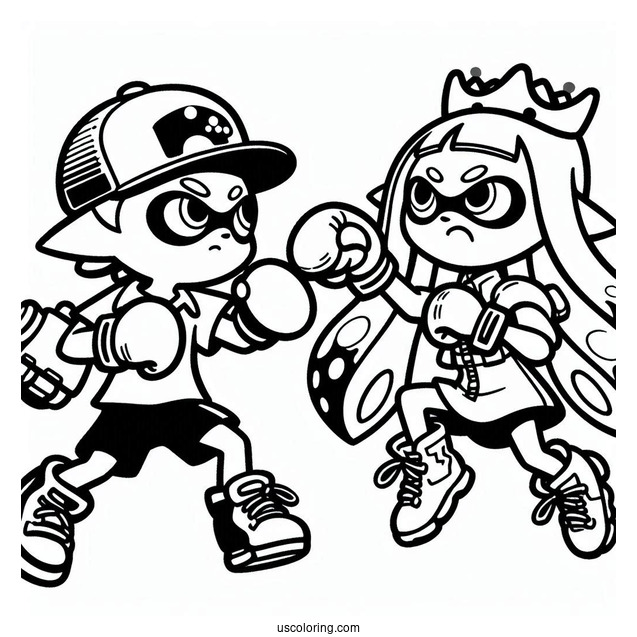 Splatoon Coloring Page Of Agent 3 Fighting Hiro Octoling For Kids