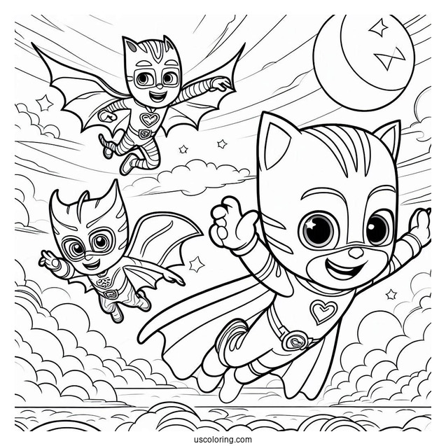 PJ Masks Coloring Page Of Catboy, Gekko, And Oweltte Flying In The Sky
