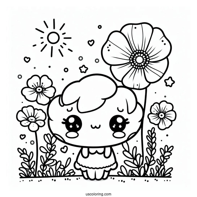 Poppy Playtime Coloring Page Of Kawaii Poppy On A Flower Field