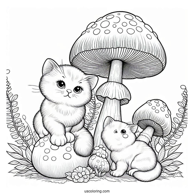 Kittens Sitting On Tall Mushroom Coloring Page