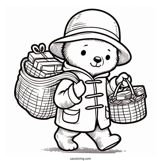 Kawaii Paddington Coloring Page Carrying A Bundle Of Things For Kids
