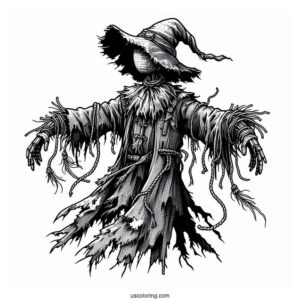 Terrifying Scarecrow Coloring Page With Tattered Clothes