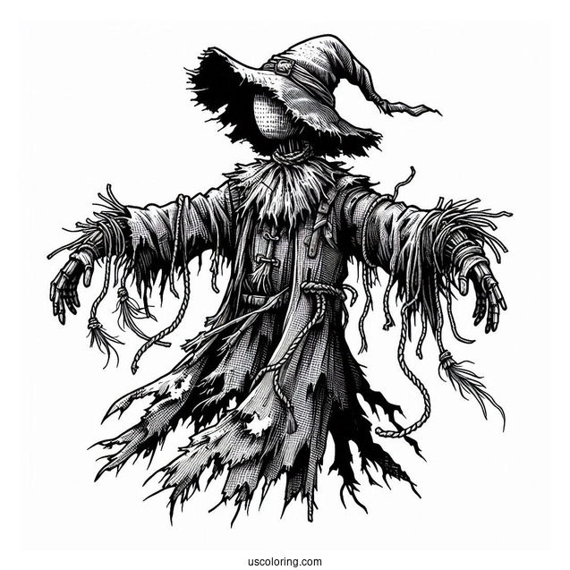 Terrifying Scarecrow Coloring Page With Tattered Clothes