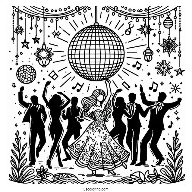 New Year Coloring Page Of Party With Disco Ball Over The Dancers