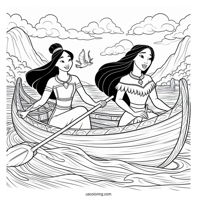 Coloring Sheet Of Mulan And Pocahontas On Canoe
