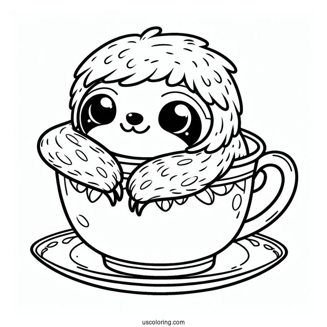Kawaii Sloth Sitting In Teacup Coloring For Preschoolers