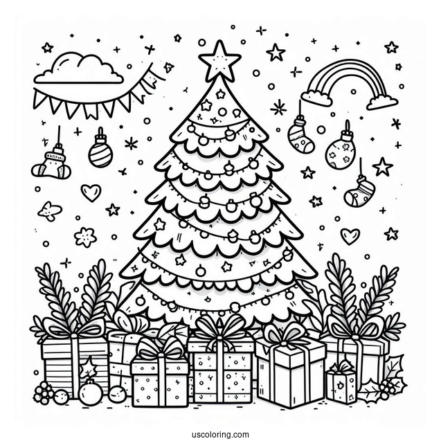 Simple Christmas Tree With Presents Coloring Sheet