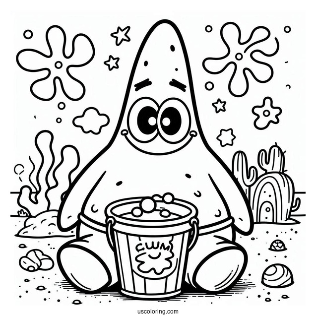 Smiling Patrick Star Coloring Page In Front Of Chum Bucket