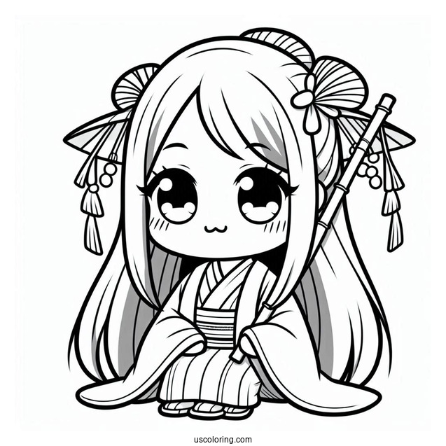Kawaii Chibi Nezuko Coloring Page Wearing Bamboo