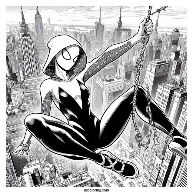 Realistic Spider-Gwen Coloring Page Swinging Across The City