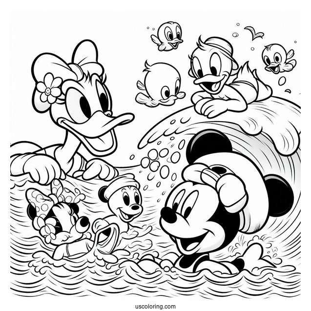 Swimming Coloring Page Of Donald Duck, Daisy Duck, Mickey Mouse, And Minnie Mouse, With Pluto Playing In The Sea