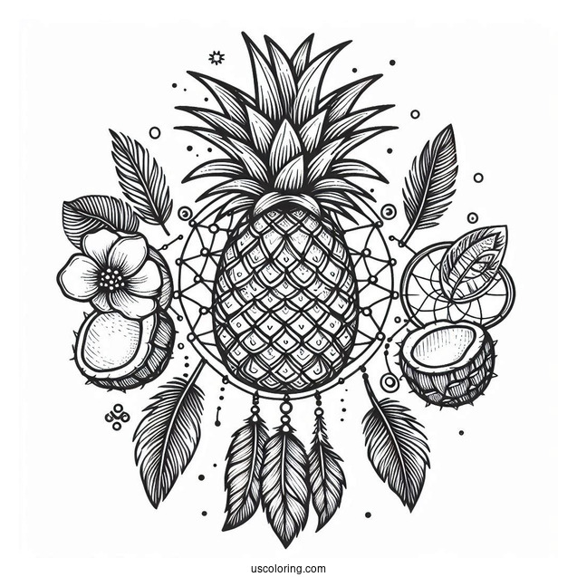 Pineapple Coloring Page Dreamcatcher With Mandala and Coconuts