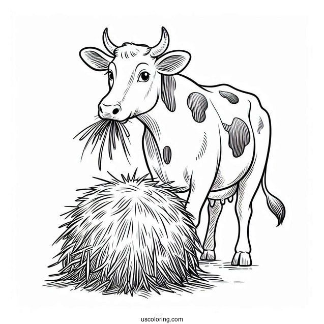Cow With Horns Eating Hay Coloring Page