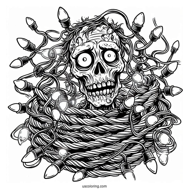 Zombie Tangled In Christmas Lights To Color