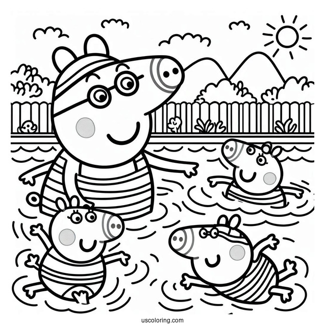 Swimming Coloring Page Of Mummy Pig Teaching George Pig And Peppa Pig To Swim