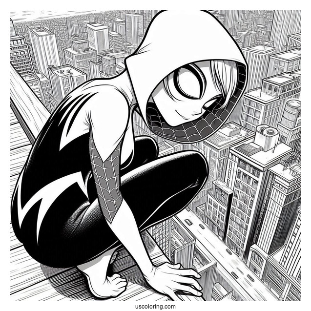 Spider-Gwen Coloring Page Looking Down From The Top Of A Building