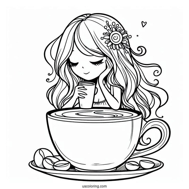 Coffee Coloring Pages Of Cartoon Woman On The Rim Of Coffee Cup