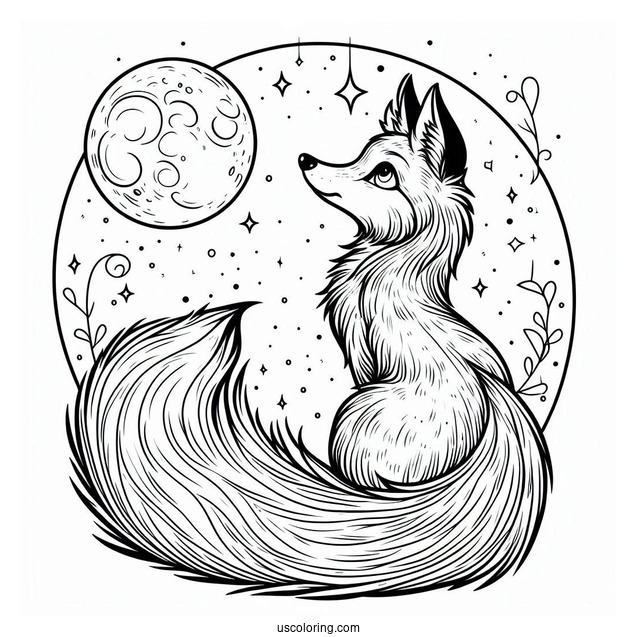 Fox Coloring Page Looking At Full Moon