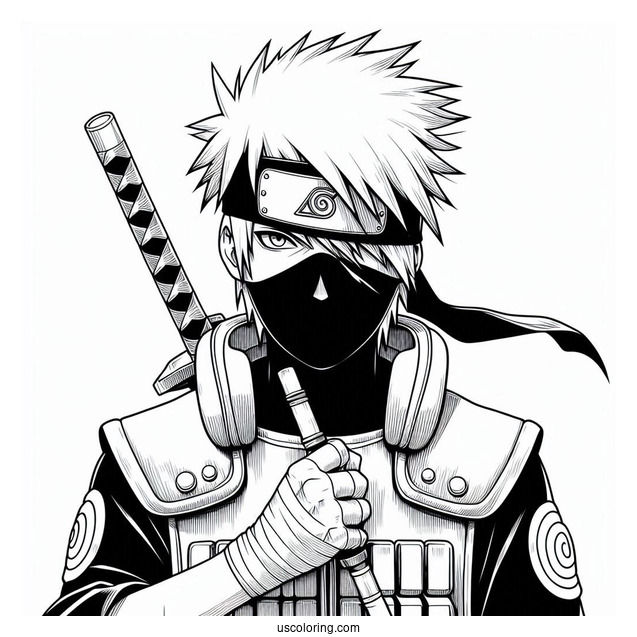 Detailed Hatake Kakashi Coloring Page Holding A Kunai