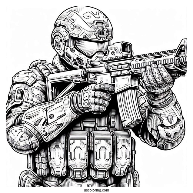 Detailed Futuristic Soldier Coloring Page Holding Weapon