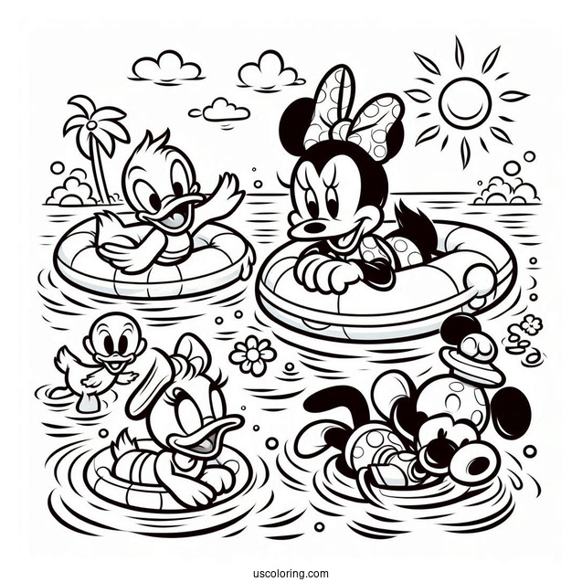 Swimming Coloring Page Of Donald Duck, Daisy Duck, Mickey Mouse, And Minnie Mouse, With Pluto Playing In The Sea