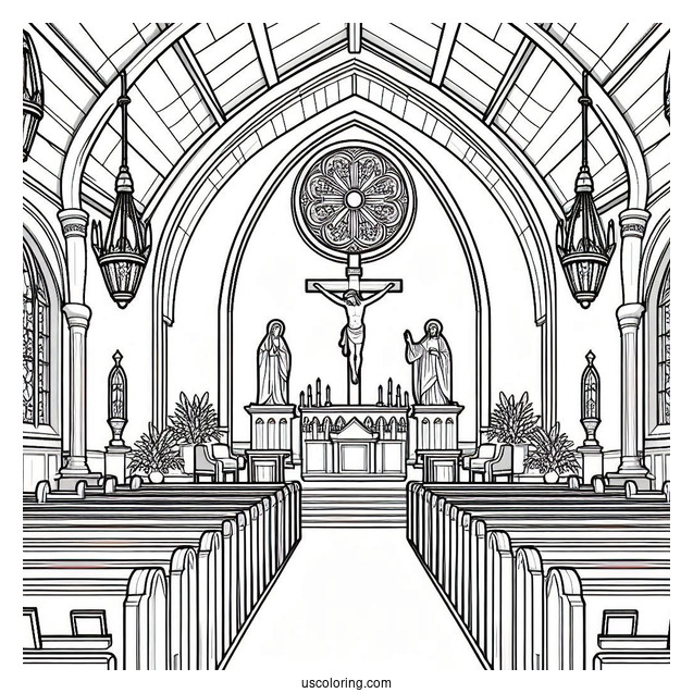 Church Coloring Page Interior With Pews, Stained Glass, And The Crucifixion