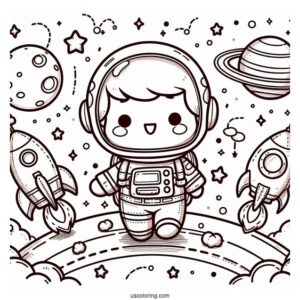 Outer Space Journey with a Chibi Coloring Page Astronaut and Rocket Ships