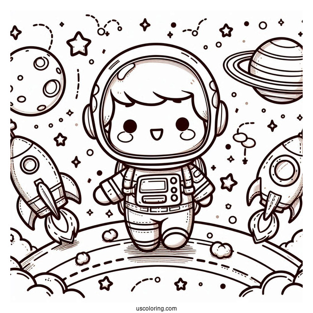 Outer Space Journey with a Chibi Coloring Page Astronaut and Rocket Ships