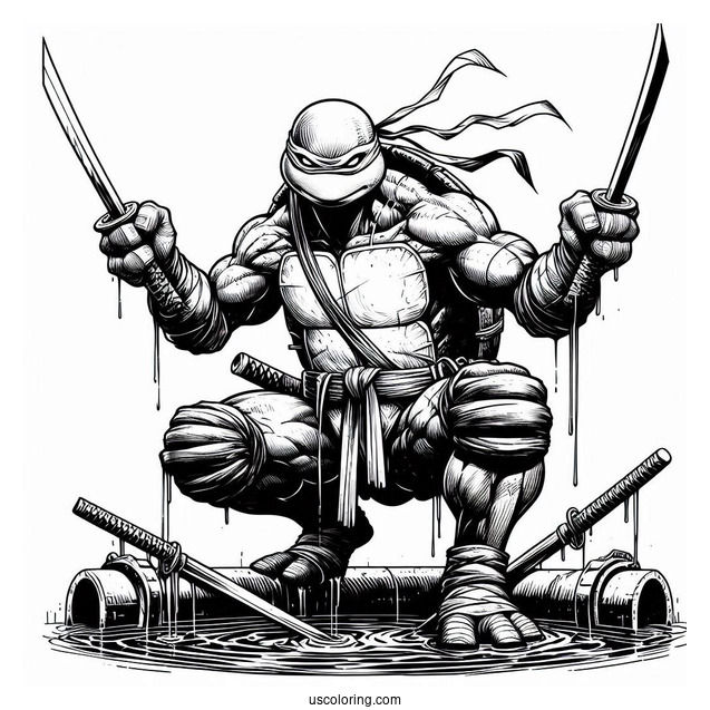 Ninja Turtles Coloring Page Of Adult Leonardo Using Dual Katana In Sewer