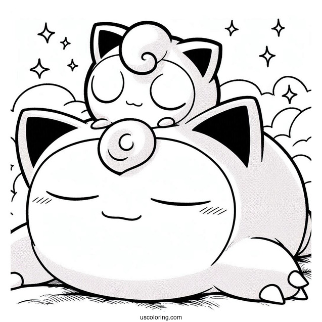 Jigglypuff Sleeping On Top Of Snorlax Coloring Page