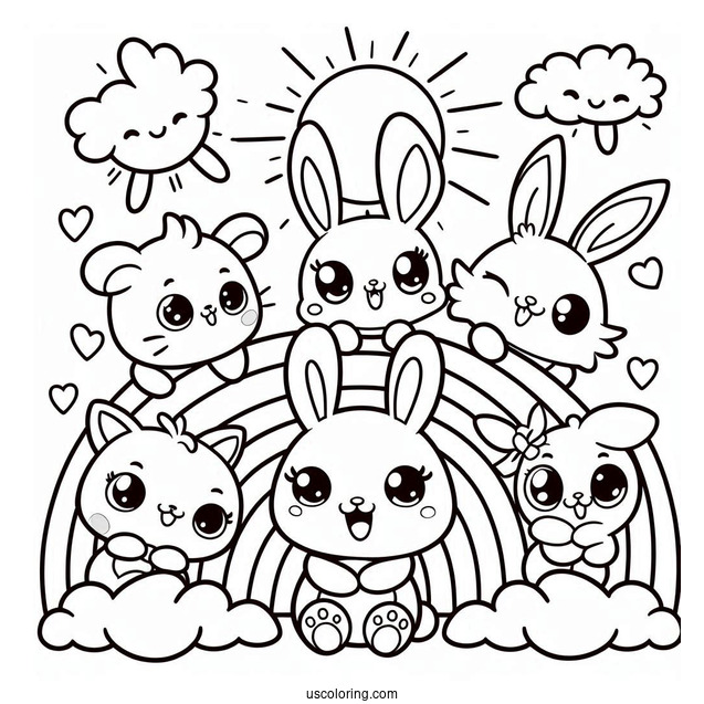 Sunny Bunnies Coloring Page Of Big Boo, Iris, Turbo, Shiny, And Hopper On A Rainbow