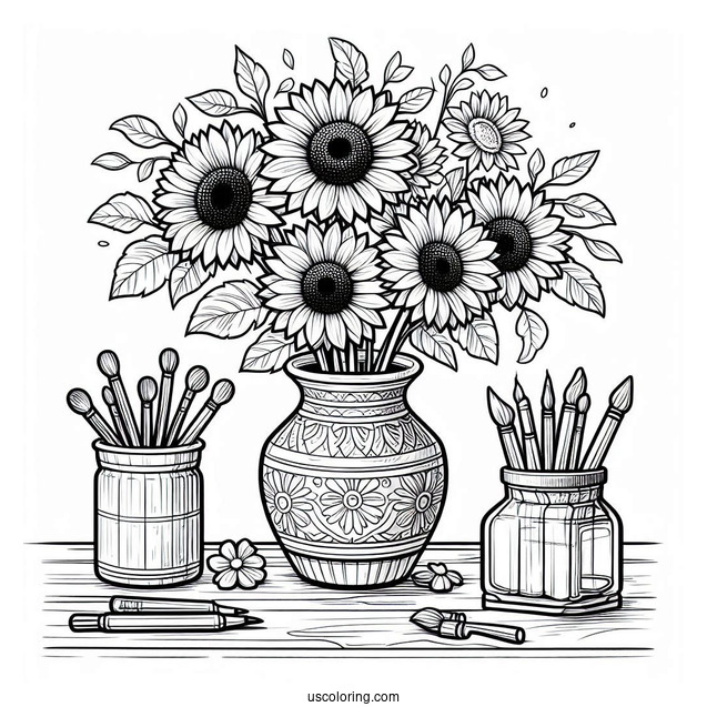 Sunflowers In Vase Coloring Sheet
