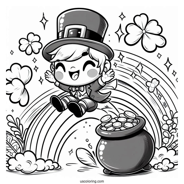 St. Patrick's Day Coloring Page Of Chibi Leprechaun Sliding Down A Rainbow To A Pot Of Gold