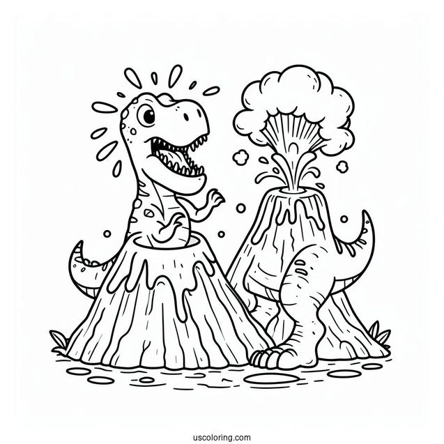 Cartoon T-Rex With Volcano Coloring Page