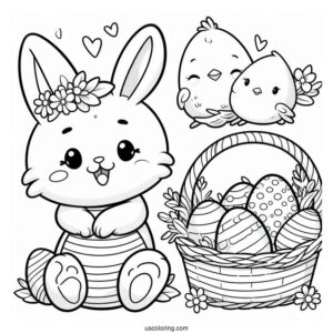 Cartoon Easter Bunny Coloring Page And Chick With Easter Eggs In Basket