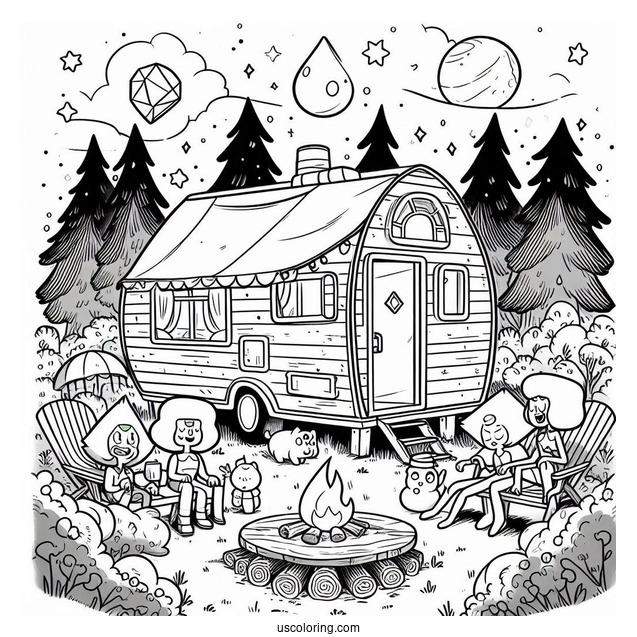 Steven Universe Coloring Page Of Glamping With Peridot, Amethyst, Pearl, Connie, Bismuth, Lapis Lazuli, Ruby, And Sapphire