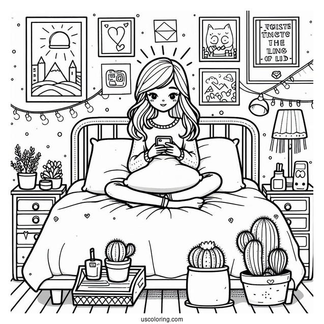 Bedroom Coloring Page Girl Texting On Her Bed Surrounded By Posters And Cactus