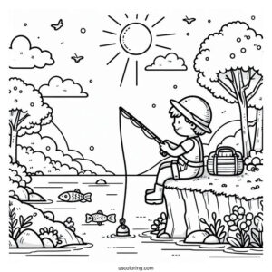 Fishing Coloring Page Of Boy Fishing On A Cliff For Kids