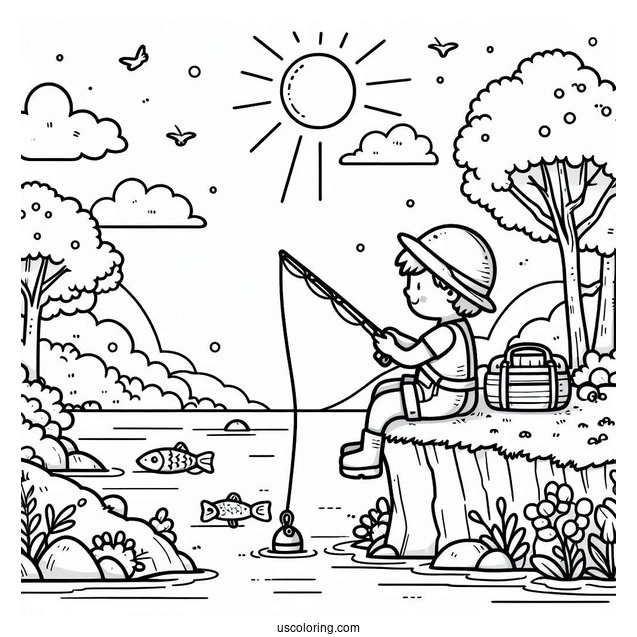 Fishing Coloring Page Of Boy Fishing On A Cliff For Kids