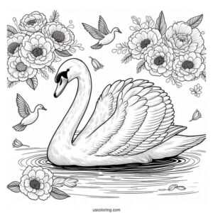 Regal Swan Coloring Page Floating In Pond With Large Flowers