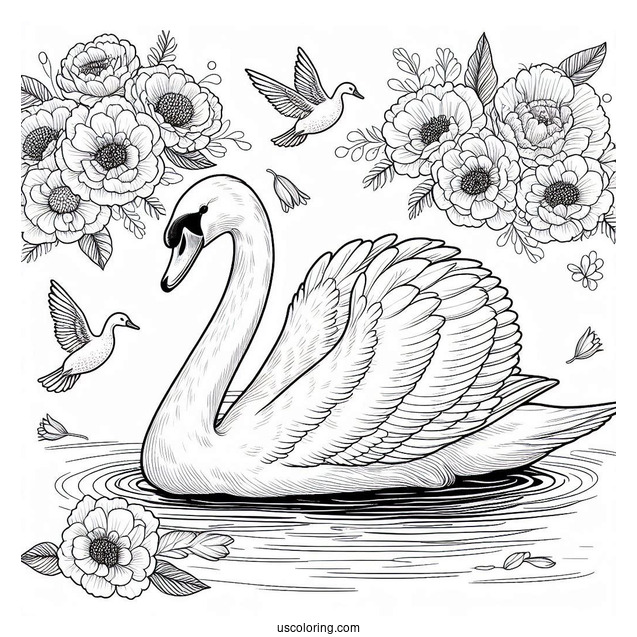 Regal Swan Coloring Page Floating In Pond With Large Flowers