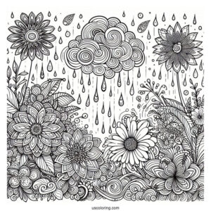 Trippy Rain Coloring Page And Flowers Art