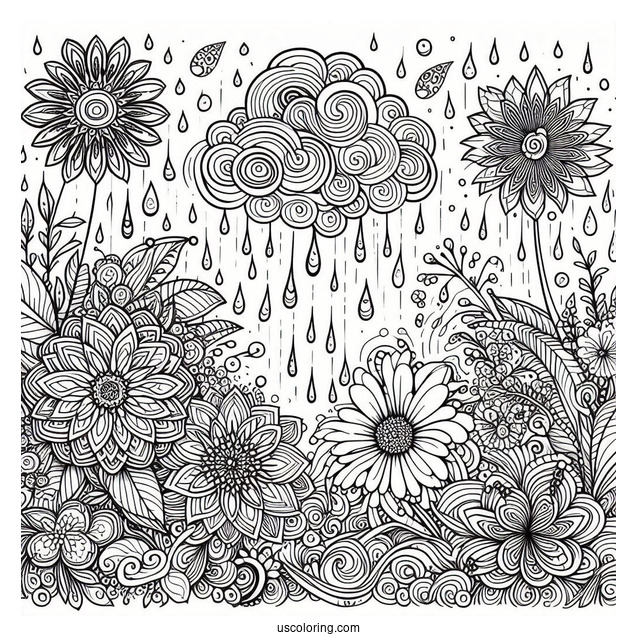 Trippy Rain Coloring Page And Flowers Art