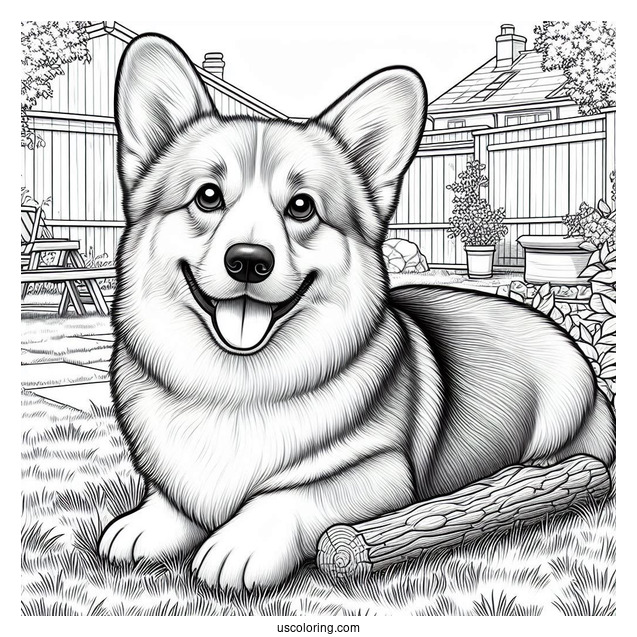 Realistic Welsh Corgi Coloring Page In Backyard