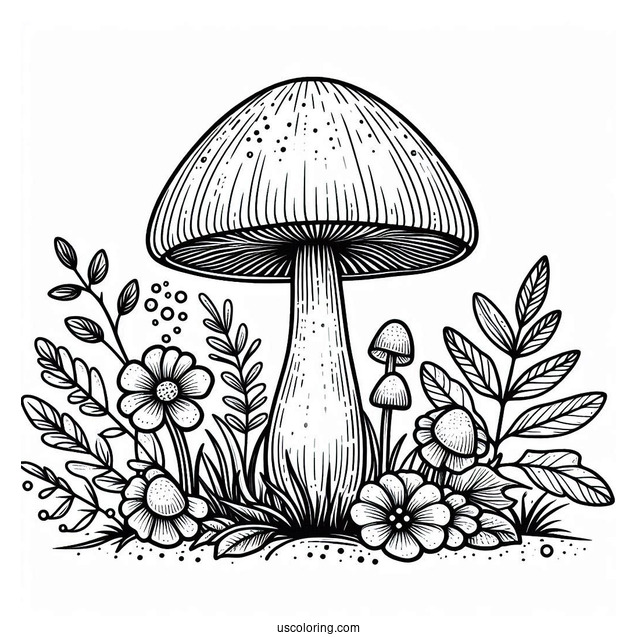 Realistic Mushroom Coloring Page Growing With Flowers