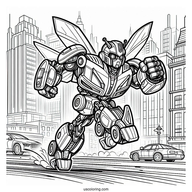 Autobot Bumblebee Coloring Page Running In The City