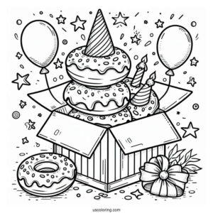 Birthday Donut Coloring Page Popping Out Of A Box
