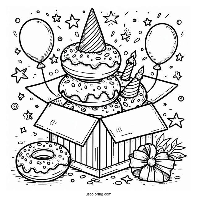 Birthday Donut Coloring Page Popping Out Of A Box
