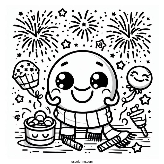 New Year Coloring Page Of Smiling Emoji With Fireworks And Stars